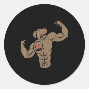 Sticker Rond Funny Muscular Boxer Pit Bull Dog I Love Maman Tat