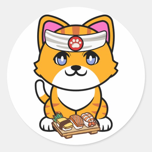 Sticker Rond Funny orange cat est un chef sushi (Devant)