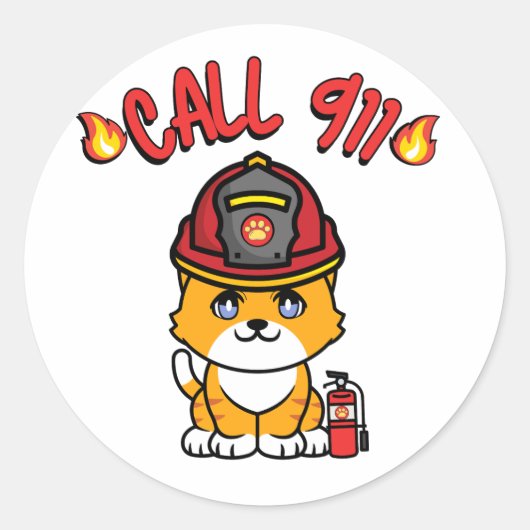 Sticker Rond Funny orange cat est un pompier (Devant)