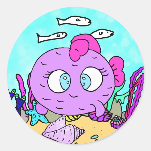 Sticker Rond Funny Poisson pourpre Créatures de la mer plage (Devant)