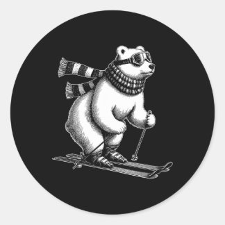 Sticker Rond Funny Polar Bear Loves Skiing In The Snow On Ski H