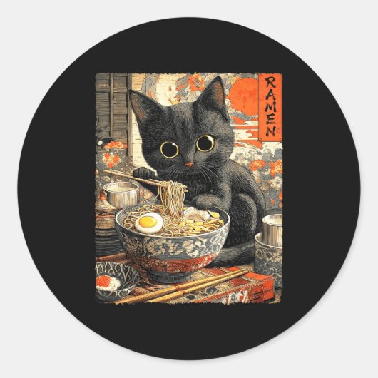 Sticker Rond Funny Ramen Cat Noodle Lovers Anime Otaku  (Devant)