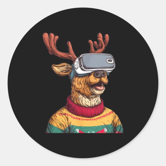 Sticker Rond Funny Reindeer In Christmas Sweater And Vr Headset (Devant)