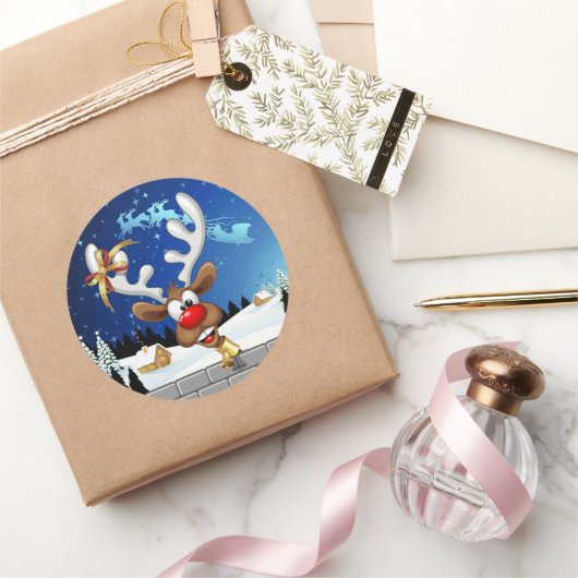 Sticker Rond Funny Reindeer Peeking Christmas Meme  (Cadeaux)