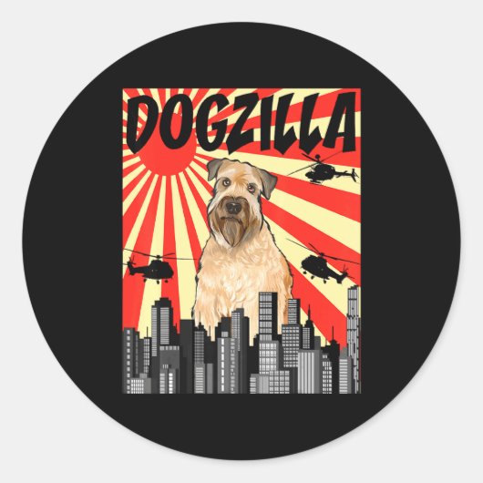 Sticker Rond Funny Retro Japanese Dogzilla Soft Coated Wheaten  (Devant)