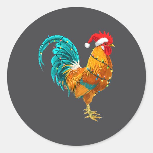 Sticker Rond Funny Rooster Chicken Santa Christmas Lights Farme (Devant)