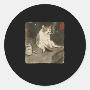 Sticker Rond Funny Sad Chat Fumer mème Sumi-e Kit d'art japonai