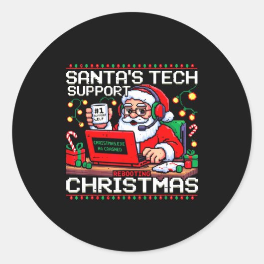 Sticker Rond Funny Santa's Tech Suprt Rebooting Christmas Ugly (Devant)