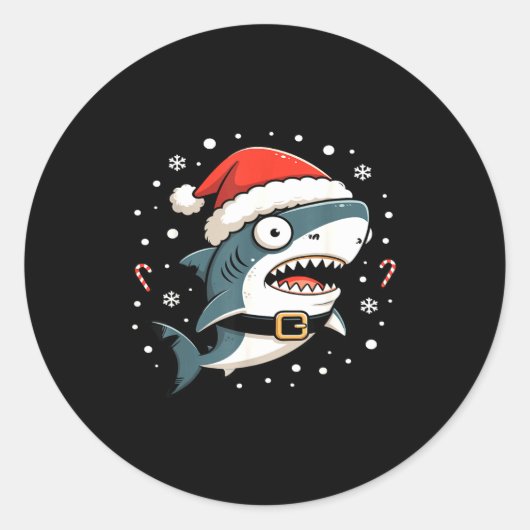 Sticker Rond Funny Shark Christmas Lights Santa Hat Ocean Desig (Devant)
