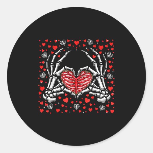 Sticker Rond Funny Skeleton Hand Heart Valentines Day Bones Lov (Devant)