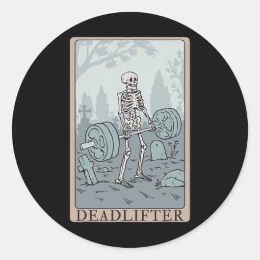 Sticker Rond Funny Skeleton Tarot Card Deadlifter Bodybuilding (Devant)