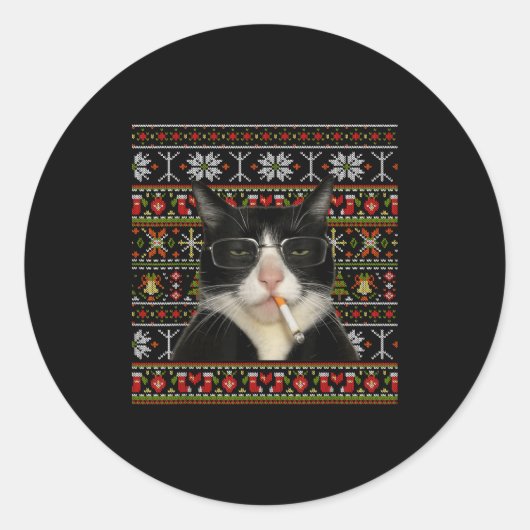 Sticker Rond Funny Smoking Cat Meme Christmas Ugly Sweater Cat (Devant)