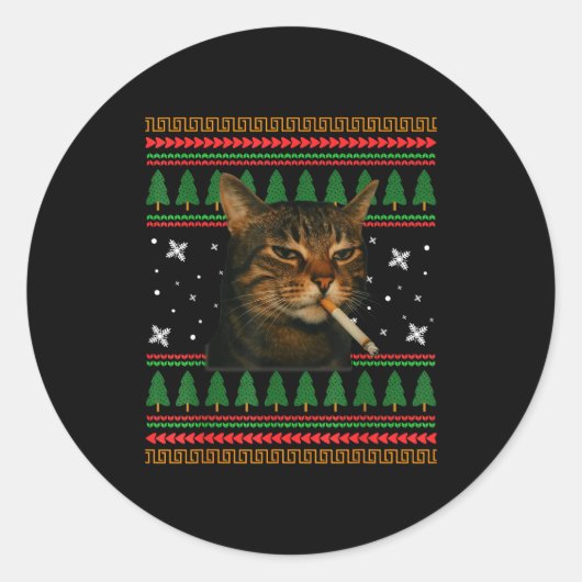 Sticker Rond Funny Smoking Cat Meme Christmas Ugly Sweater Cat (Devant)