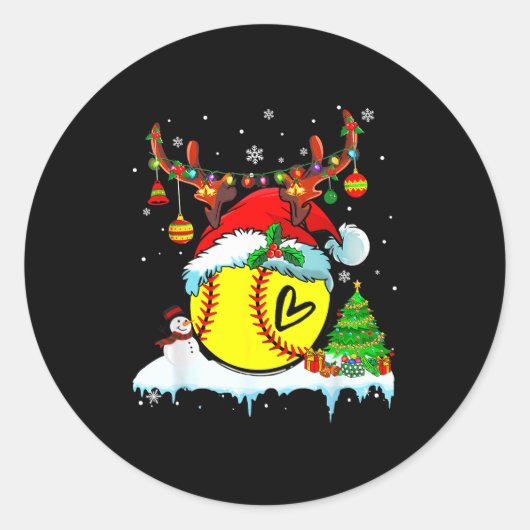 Sticker Rond Funny Softball Christmas Reindeer Santa Hat Lights (Devant)