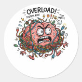 Sticker Rond Funny Stressed Brain Overload Tangled Wires Tech E (Devant)