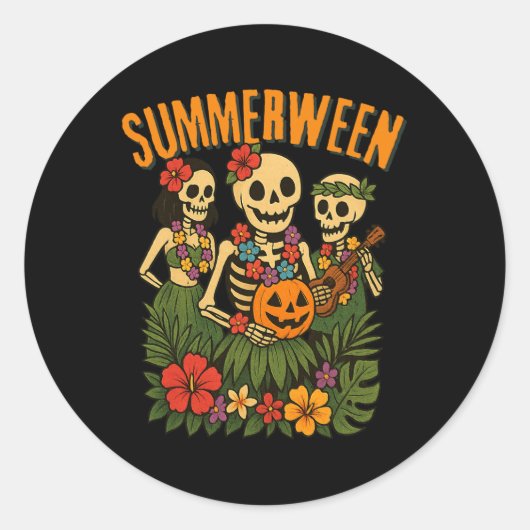 Sticker Rond Funny Summerween Skeletons Luau Party Halloween Be (Devant)