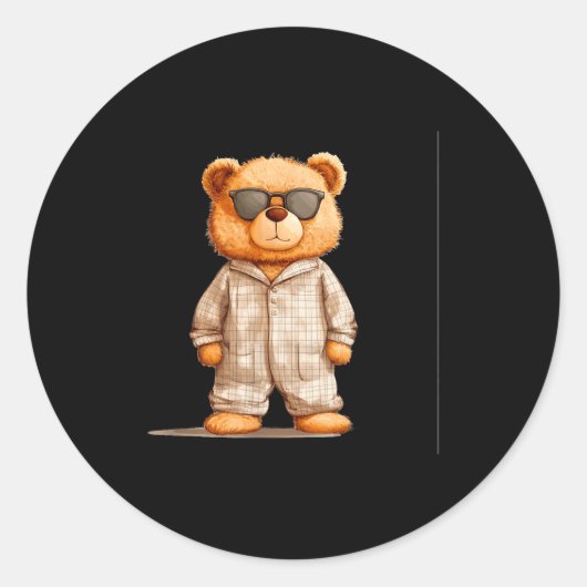Sticker Rond Funny Sungles Teddy Bear In Pajama Costume Design (Devant)