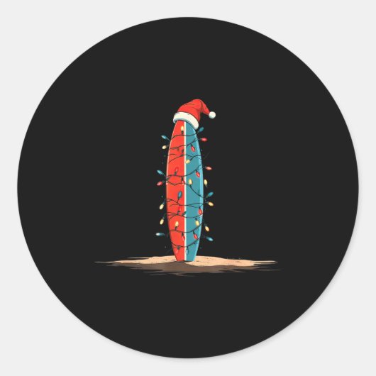 Sticker Rond Funny Surf Christmas Lights Lover Surfboard Surfin (Devant)