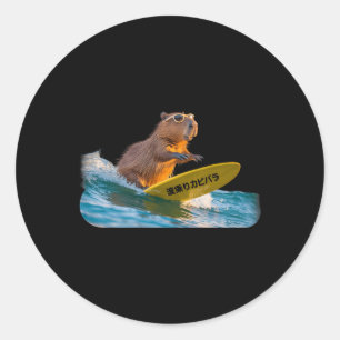 Sticker Rond Funny Surfing Capyra Coucher de soleil réaliste va