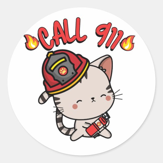 Sticker Rond Funny Tabby cat est un pompier (Devant)