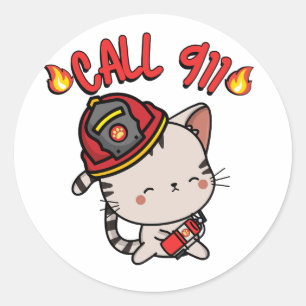 Sticker Rond Funny Tabby cat est un pompier