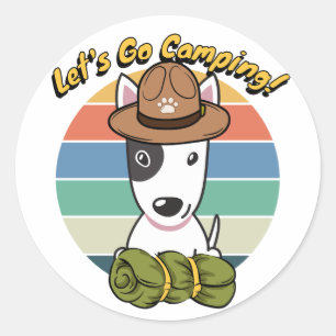Sticker Rond Funny taureau terrier chien veut aller camper