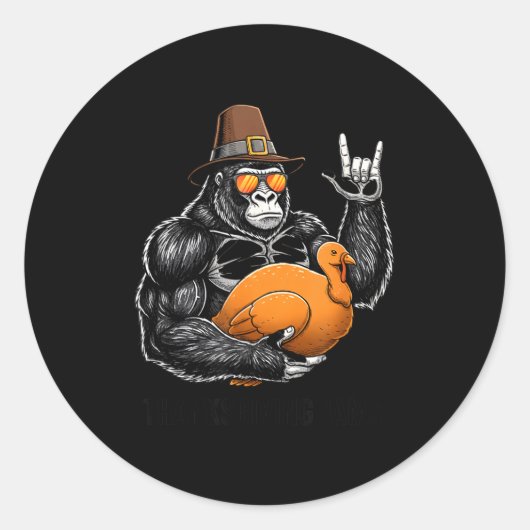Sticker Rond Funny Thanksgiving Gorilla Holding Turkey Lgrim Ha (Devant)