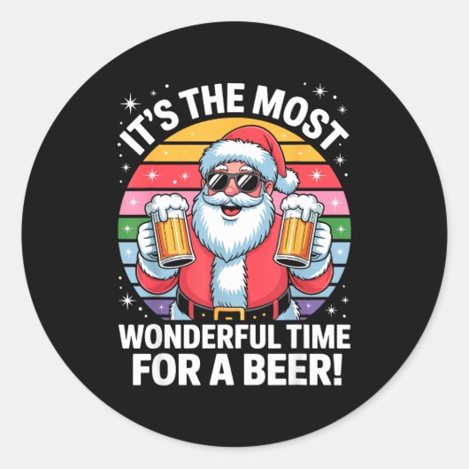 Sticker Rond Funny Time For A Beer Santa Christmas  (Devant)