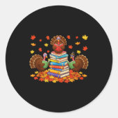 Sticker Rond Funny Turkey Reading Book Fall Thanksgiving Teache (Devant)