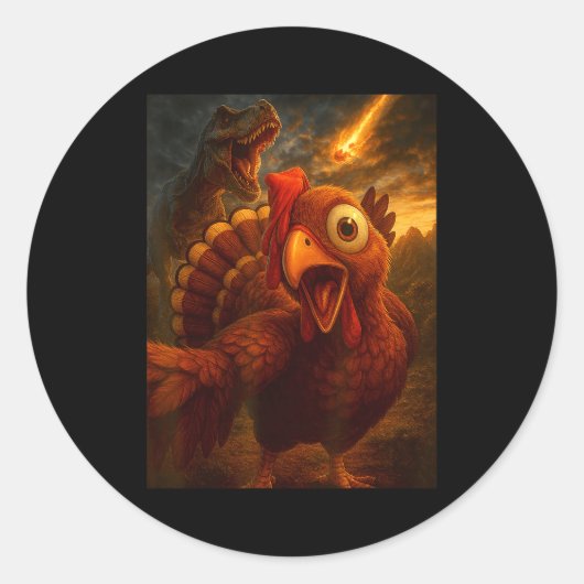 Sticker Rond Funny Turkey Selfie With Dinosaur And Meteor Acaly (Devant)