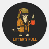 Sticker Rond Funny Tuxedo Cat “litter’s Full” Coffee, Cat Parod (Devant)
