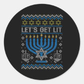 Sticker Rond Funny Ugly Hanukkah Sweater Lets Get Lit Menorah J (Devant)