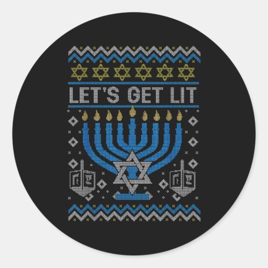 Sticker Rond Funny Ugly Hanukkah Sweater Lets Get Lit Menorah J (Devant)