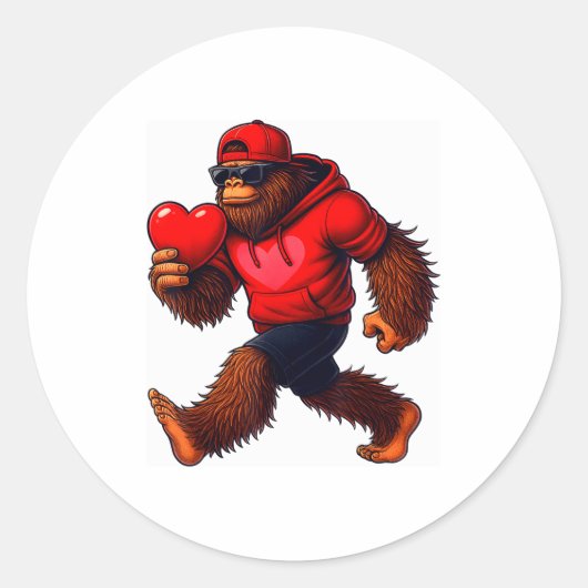 Sticker Rond Funny Valentines Day Bigfoot Heart Sungles Sasquat (Devant)