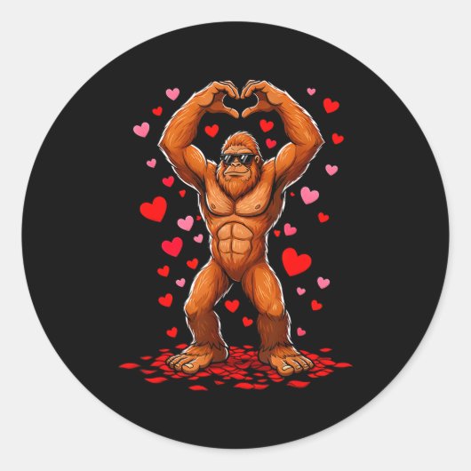 Sticker Rond Funny Valentines Day Bigfoot Heart Sungles Sasquat (Devant)