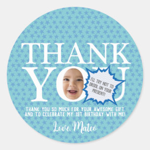 Sticker Rond Funny visage bleu fête d'anniversaire merci Sticke