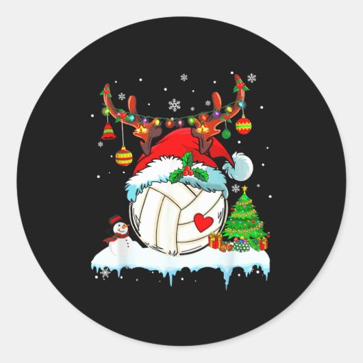 Sticker Rond Funny Volleyball Christmas Reindeer Santa Hat Ligh (Devant)