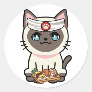 Sticker Rond Funny white cat est un chef sushi