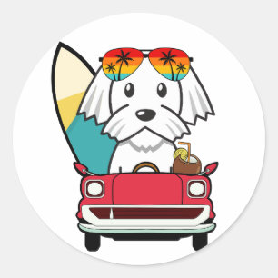 Sticker Rond Funny White Dog conduit à la plage