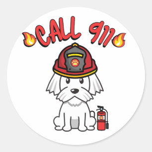 Sticker Rond Funny White dog est un pompier