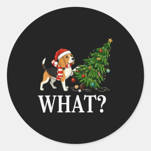 Sticker Rond Funny Xmas Beagle Pushing Christmas Tree Over Dog (Devant)
