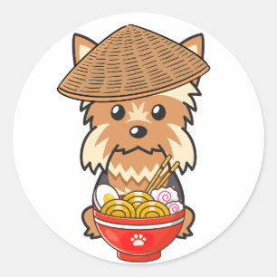 Sticker Rond Funny yorkshire terrier est en train de manger des