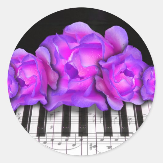 Sticker Rond Fushia Roses et piano Clavier et notes (Devant)