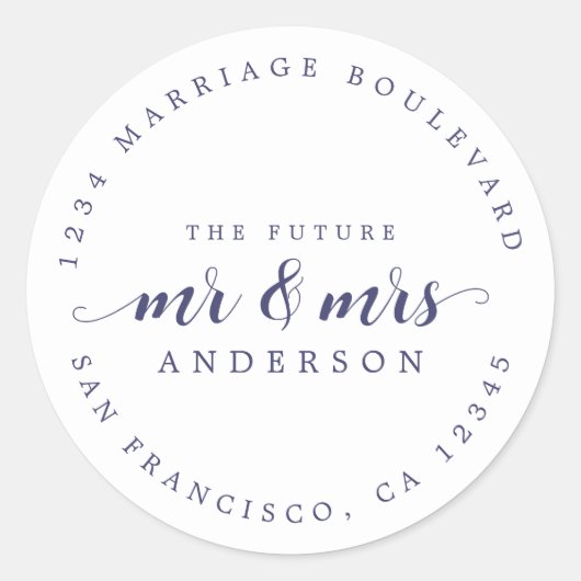Sticker Rond Futur M. Mme Navy Script bleu Adresse de retour (Devant)