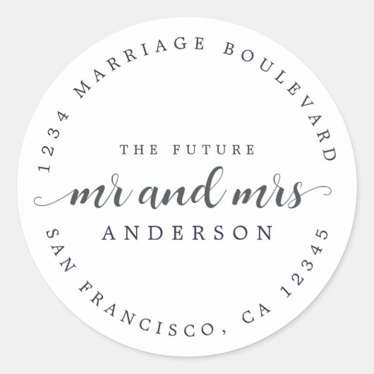 Sticker Rond Futur M. Mme Script Dark Blue Adresse de retour (Devant)