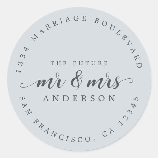 Sticker Rond Futur M. Mme Script Pastel Blue Adresse de retour (Devant)