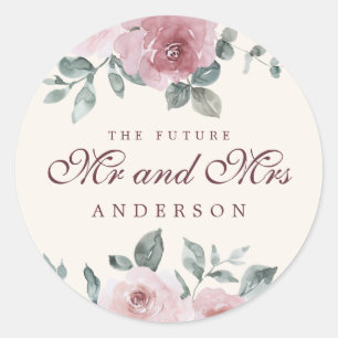 Sticker Rond Futur Mr Mrs Fleurs Poussiéreuses Rose Bourgogne I