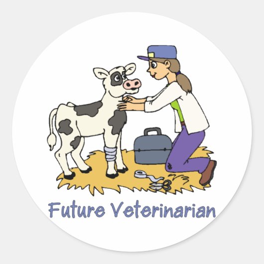 Sticker Rond Futur vétérinaire - Fille avec vache (Devant)