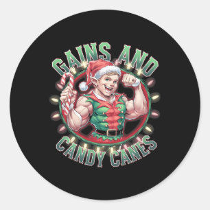Sticker Rond Gains de musculation d'elfe de Noël drôle et canne