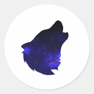 Sticker Rond Galaxy Howling Wolf Silhouette Ciel nocturne avec